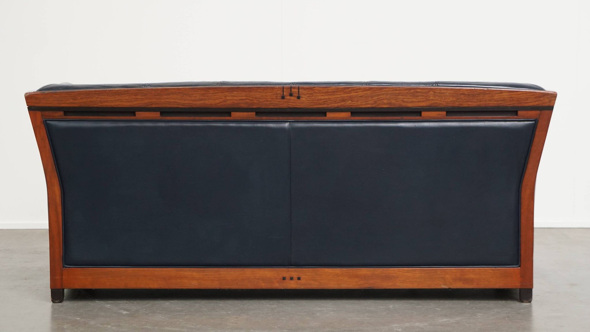 2.5-Seater Art Deco Sofa with Woodwork and Dark Blue Cowhide Leather