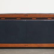 2.5-Seater Art Deco Sofa with Woodwork and Dark Blue Cowhide Leather