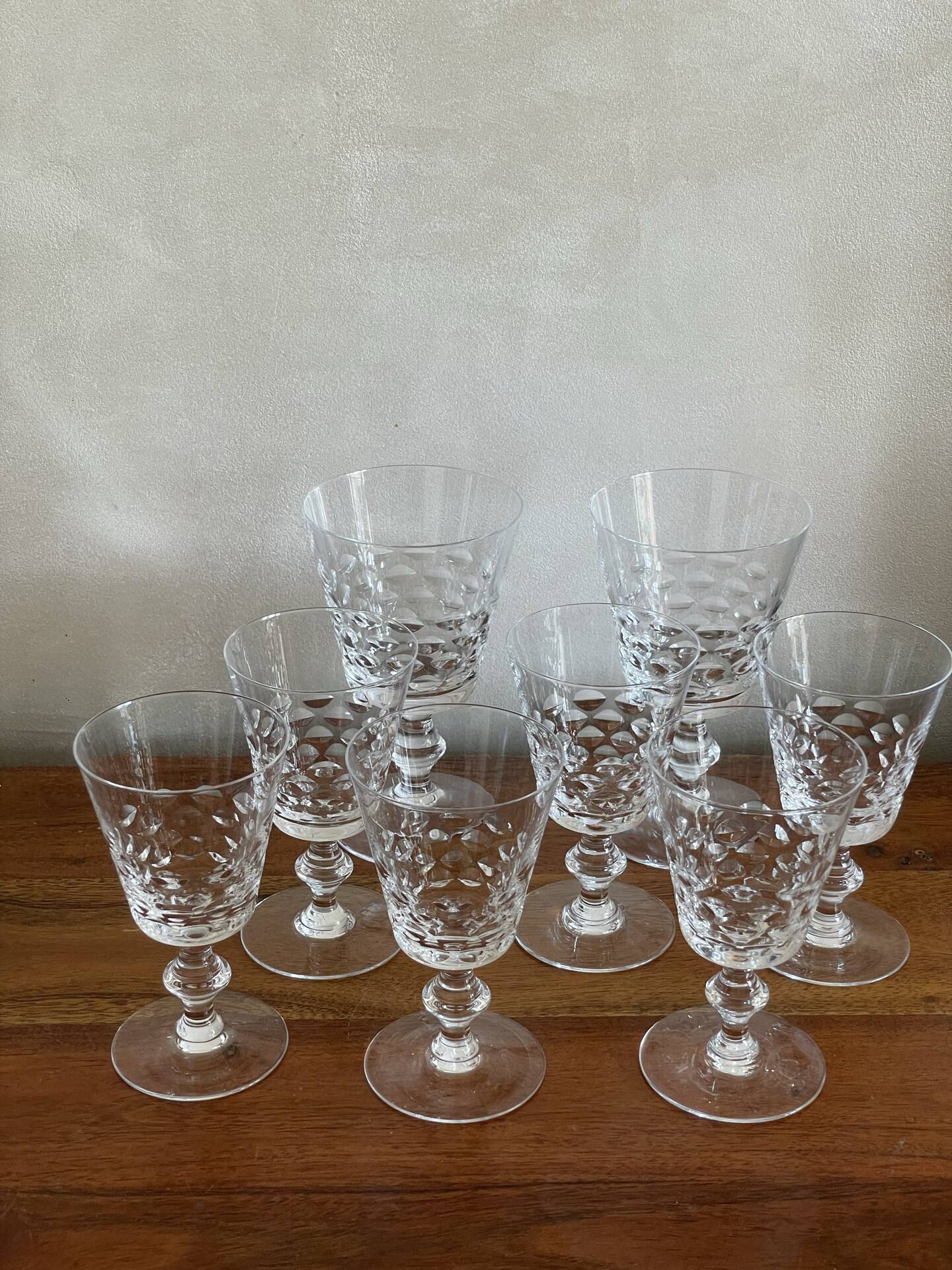 6 crystal wine glasses and 2 water glasses