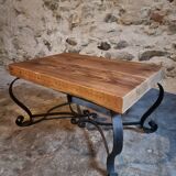 Vintage French coffee table from the 1960s – Rustic pine coffee table with a black iron base.