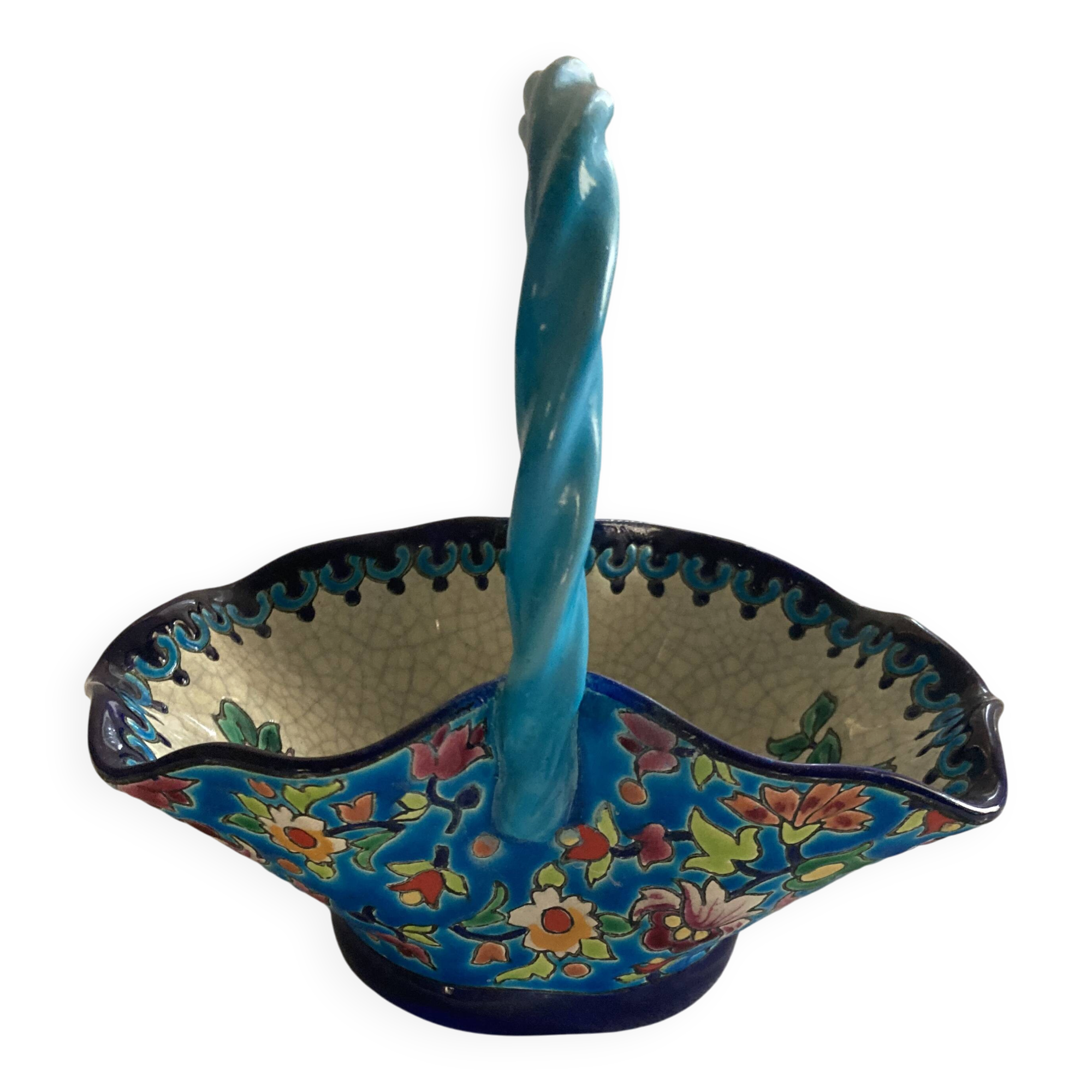 Large Basket Emaux de Longwy F3 B5000 - Twisted Turquoise Handle -