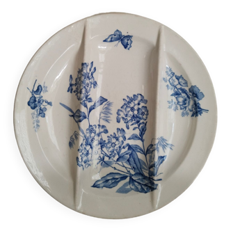 Assiette à asperges  en terre de fer de Longwy, modèle Botanique bleu , vintage antique français