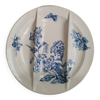 Asparagus plate in Longwy iron clay, blue Botanique model, vintage antique French