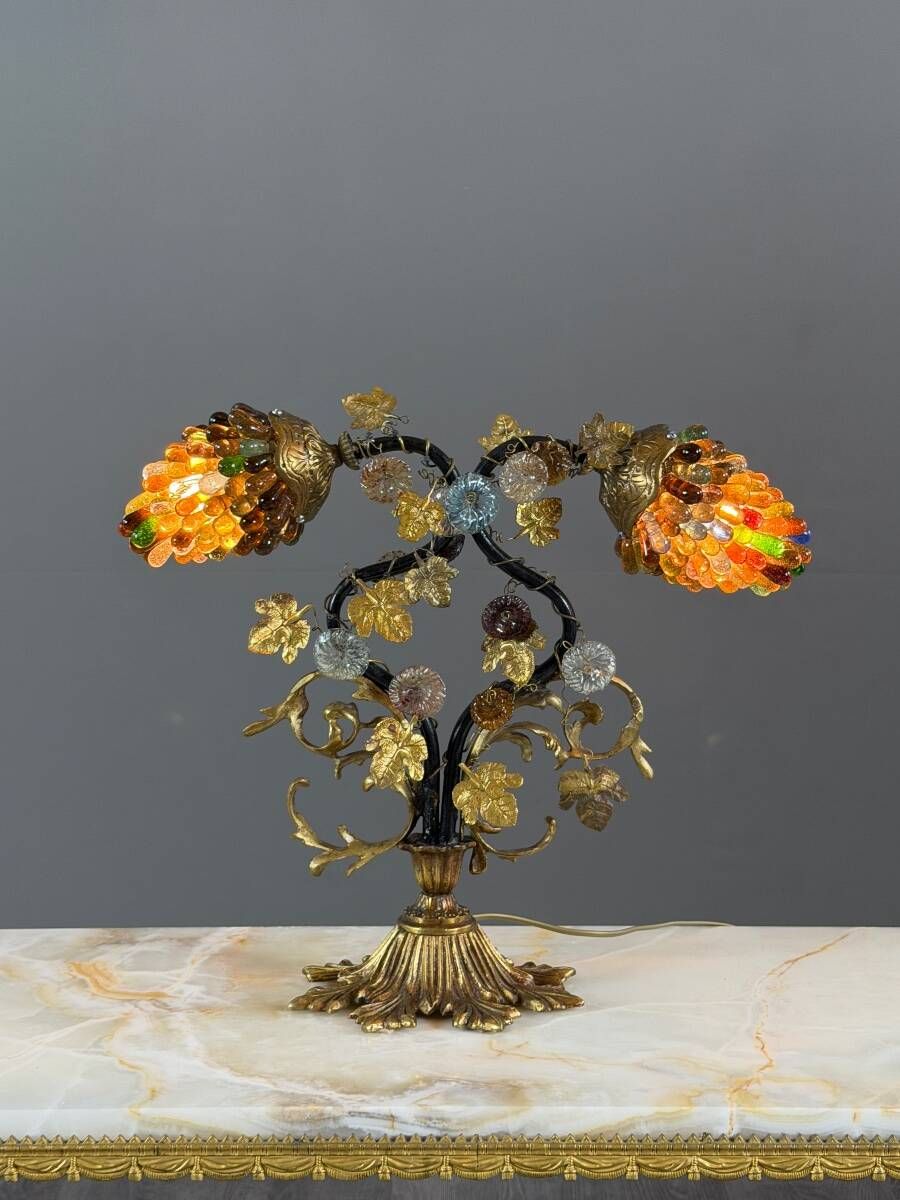 Bronze and polychrome glass lamp, 20th century