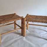 Set of 2 wood and straw stools