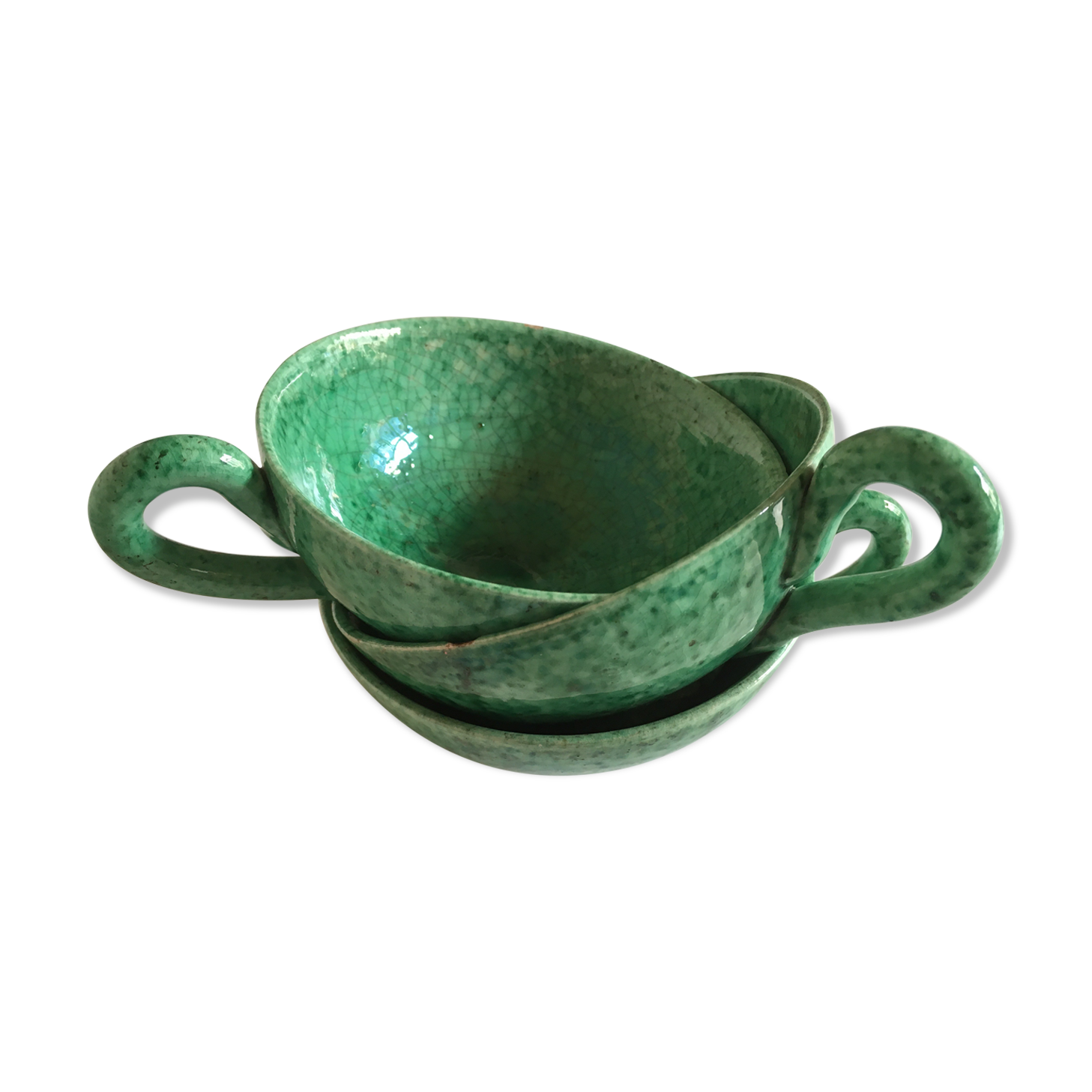 Cups green glazed ceramic, marius giuge, vallauris 50's