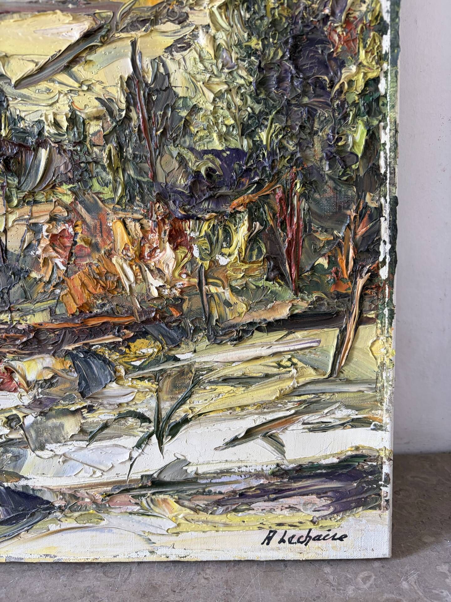 Provençal village landscape, knife oil painting signed René Lechair.