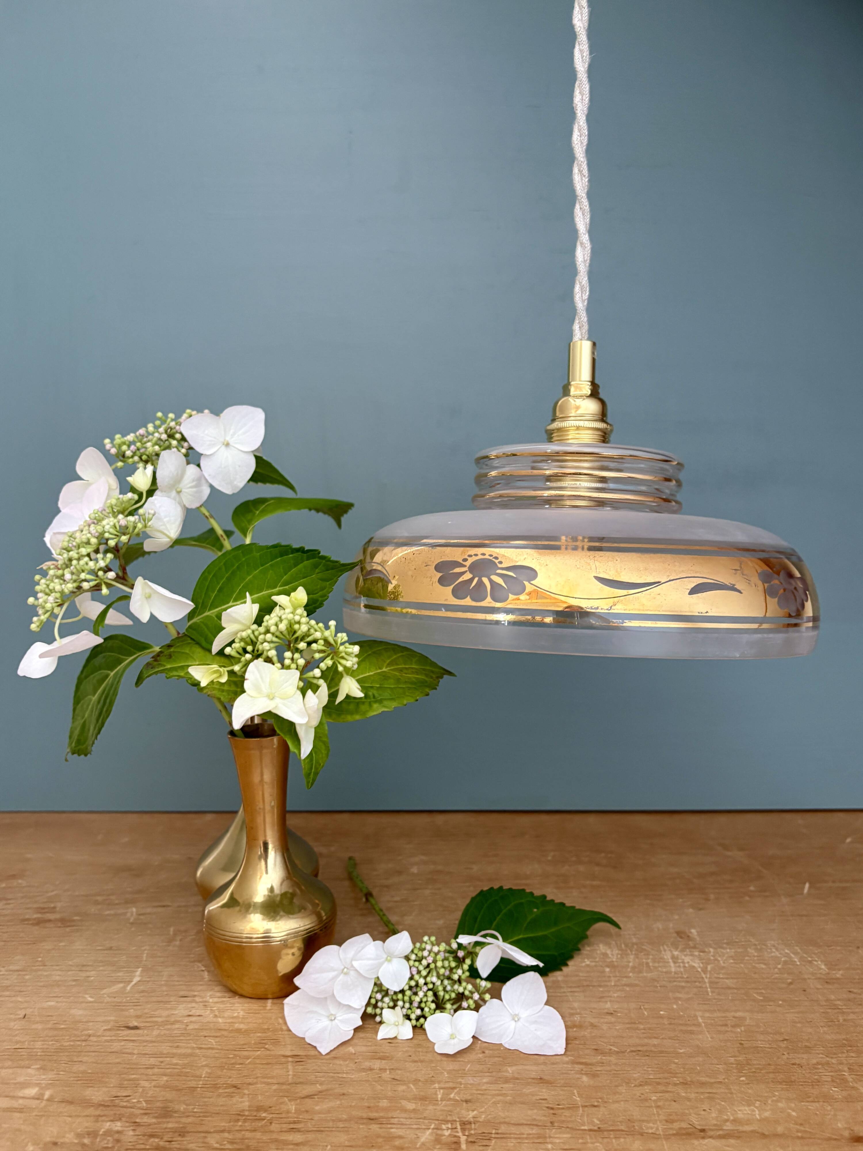 Vintage frosted glass pendant lampshade with gold frieze