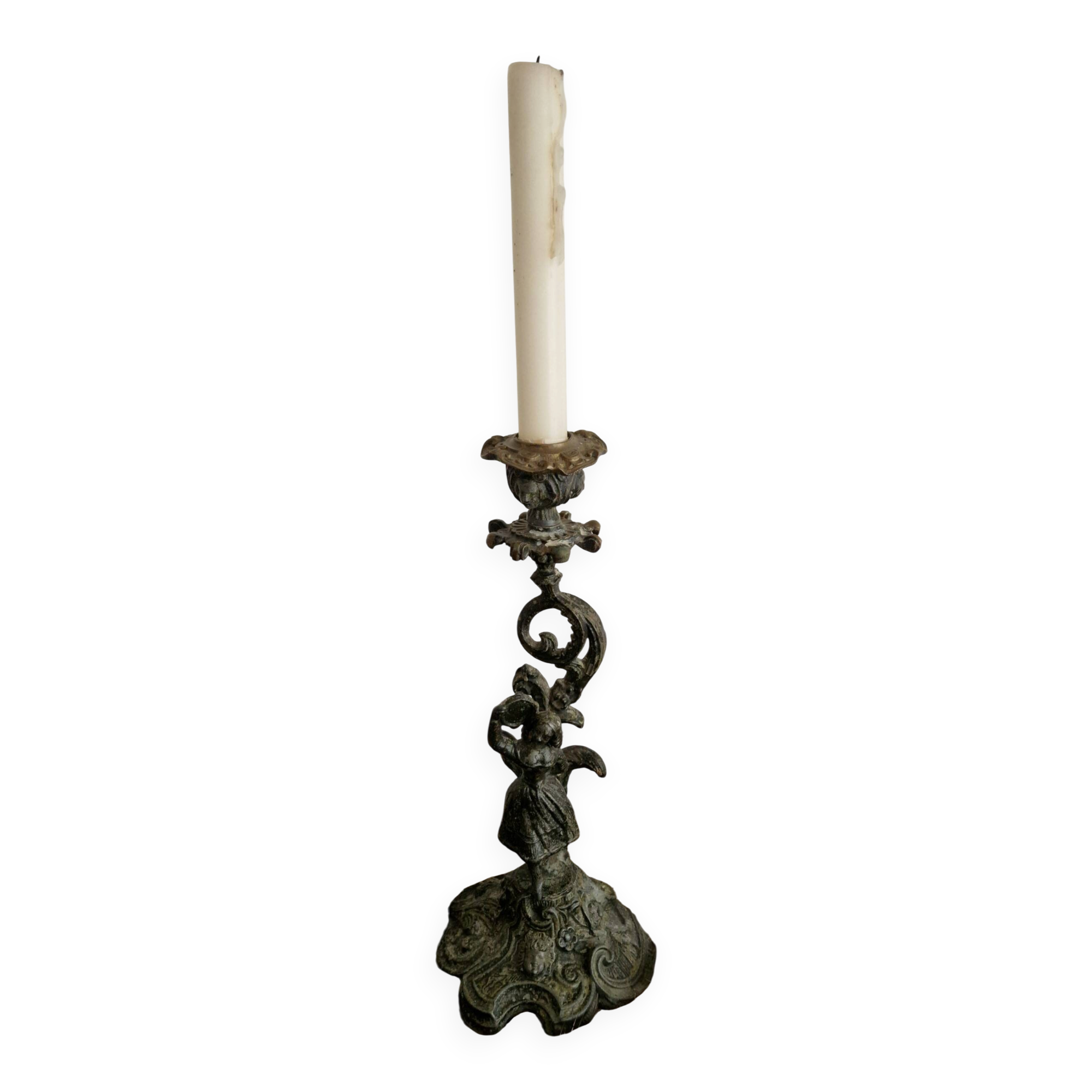 Ornamental candlestick in patinated bronze – Louis XV Rococo style – 19th century