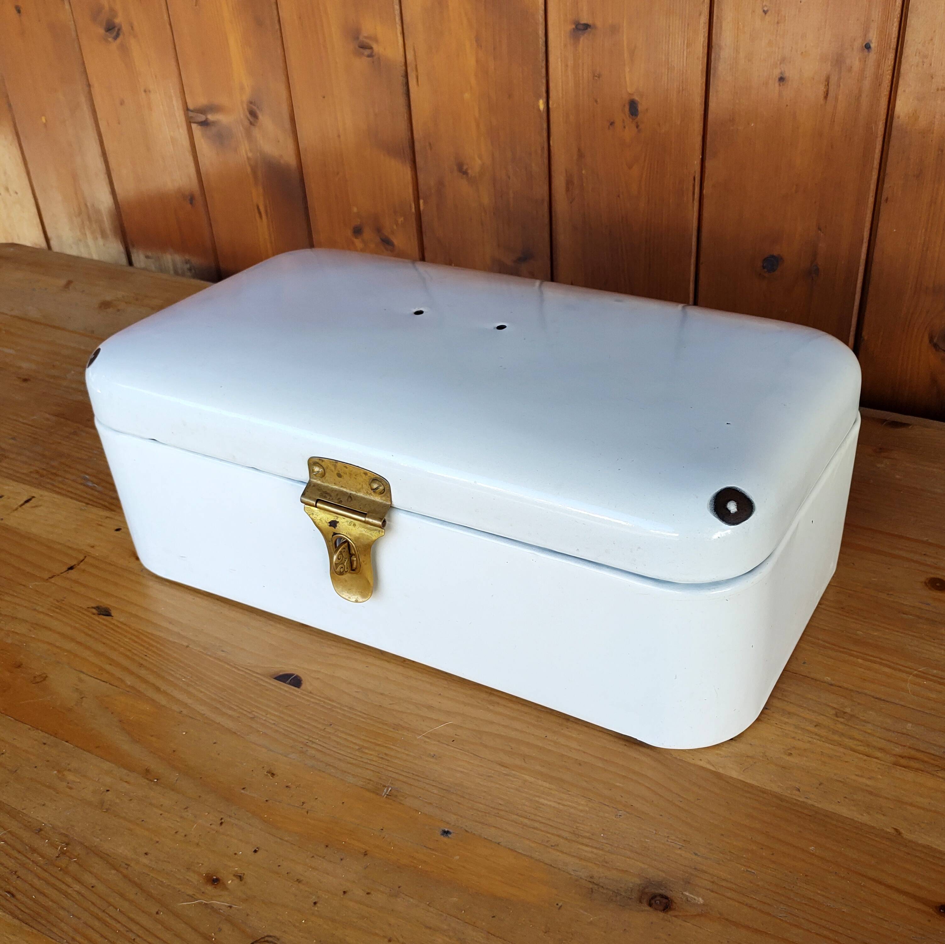 Vintage bread box - white enamel and brass - retro