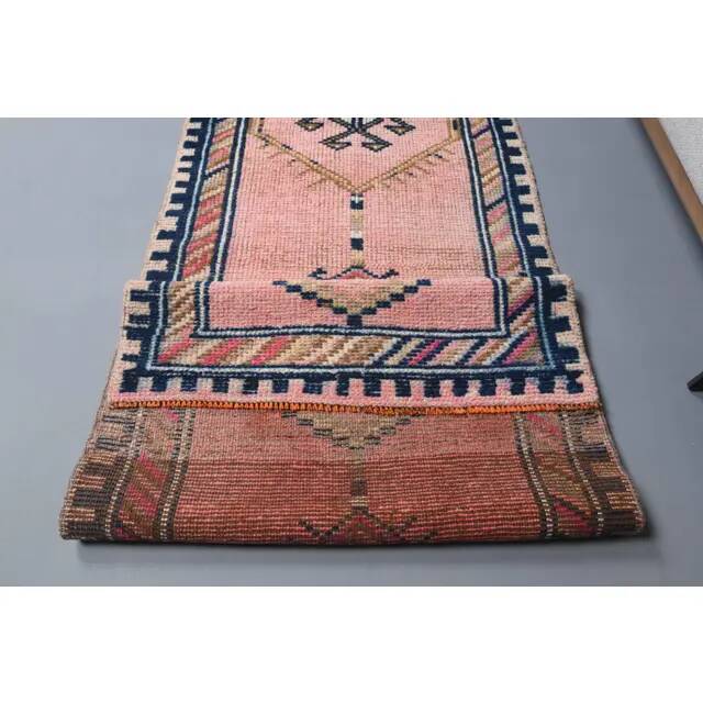 Vintage Turkish Oushak handmade wool cotton pink runner rug 81x368