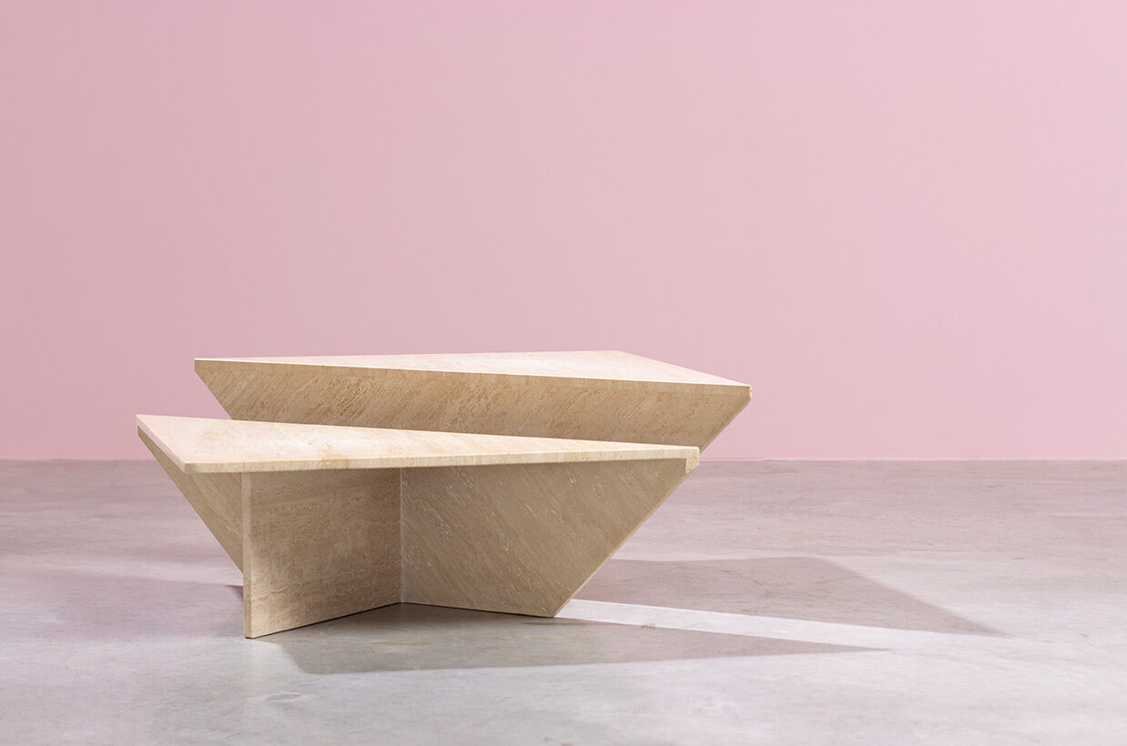 Post-modern triangular travertine lounge coffee tables, 1970s