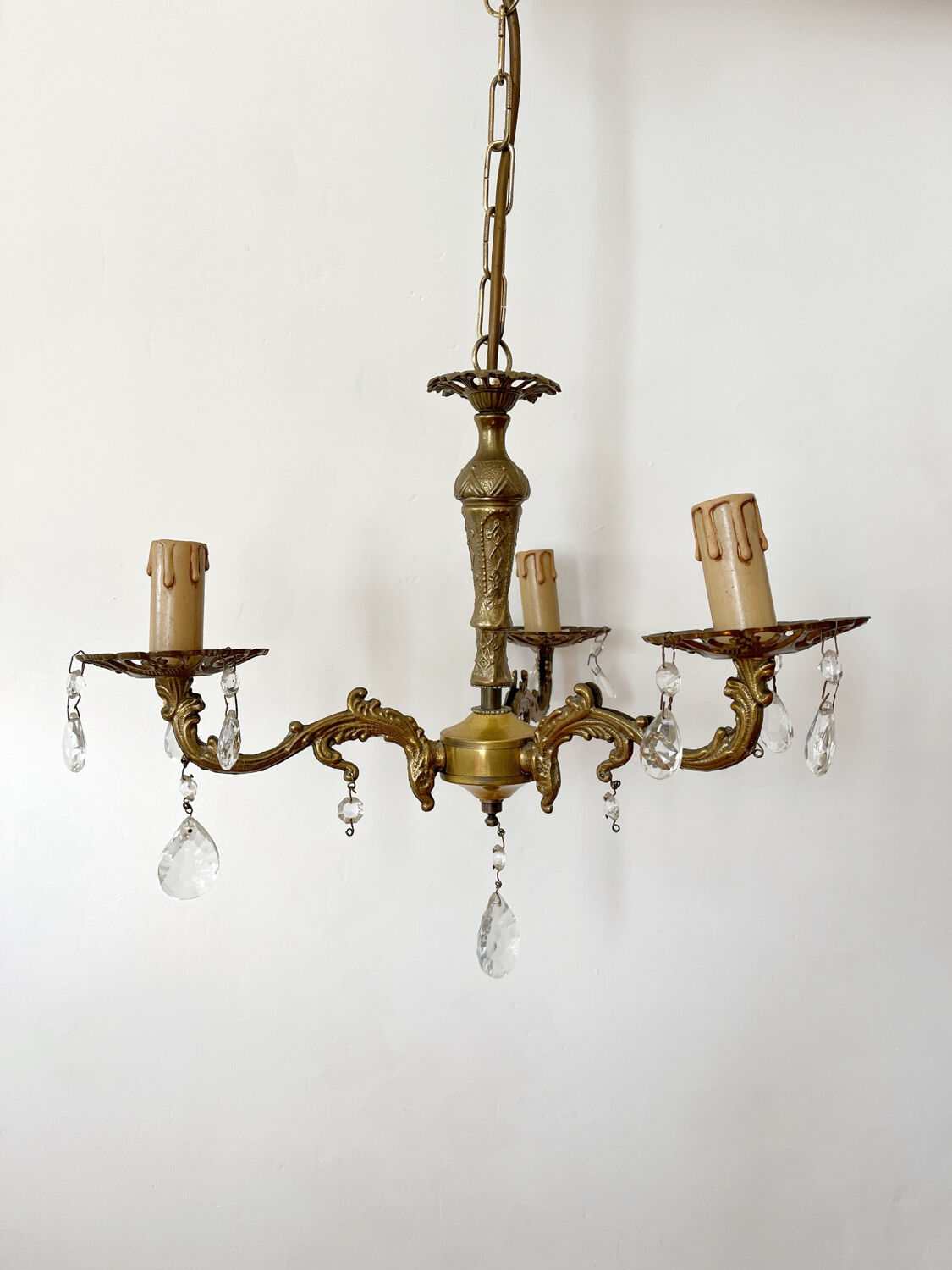 Antique 3-arm brass chandelier with tassels