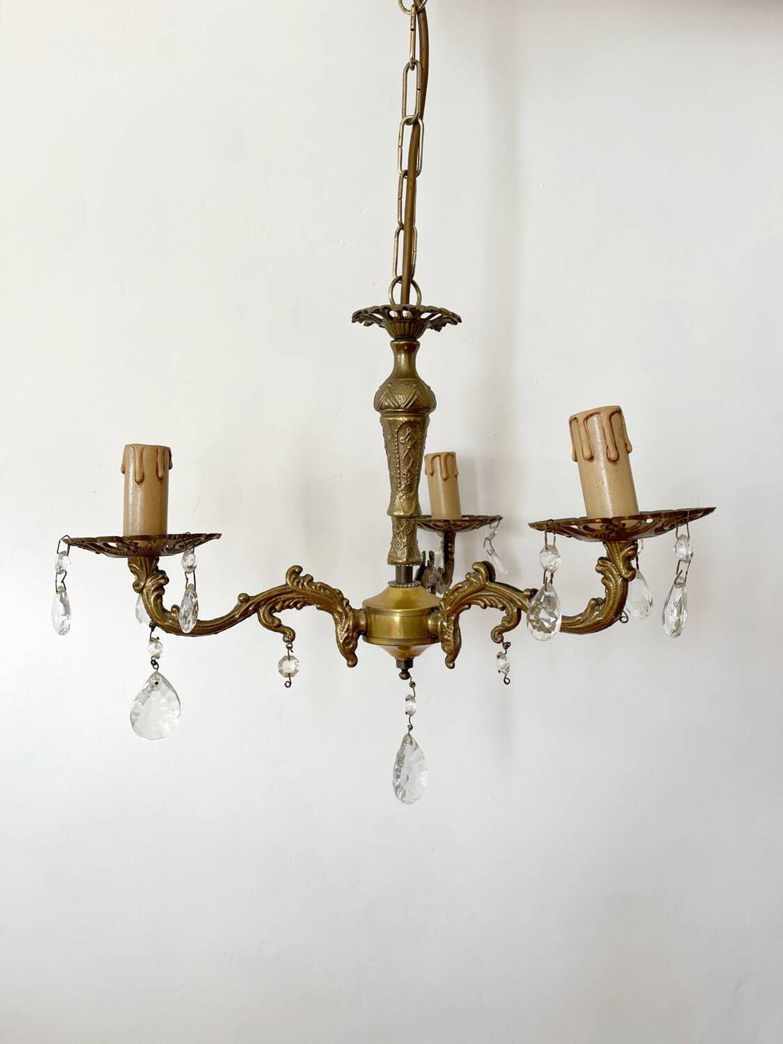 Lustre ancien 3 bras laiton et pampilles