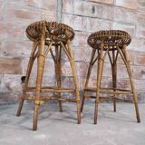 Paire de tabourets de bar bambou & rotin