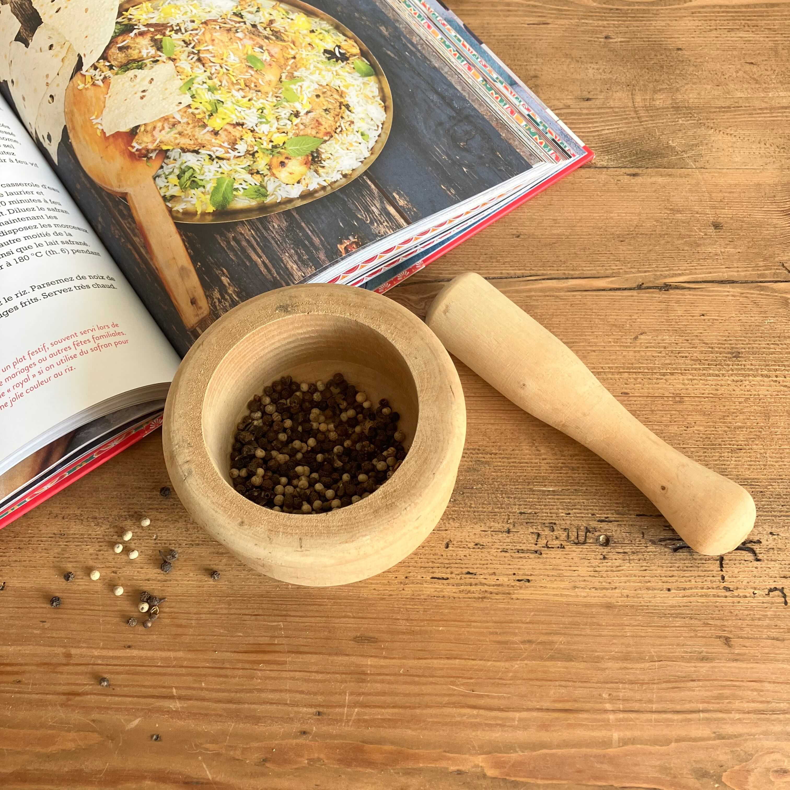Wooden mortar and pestle