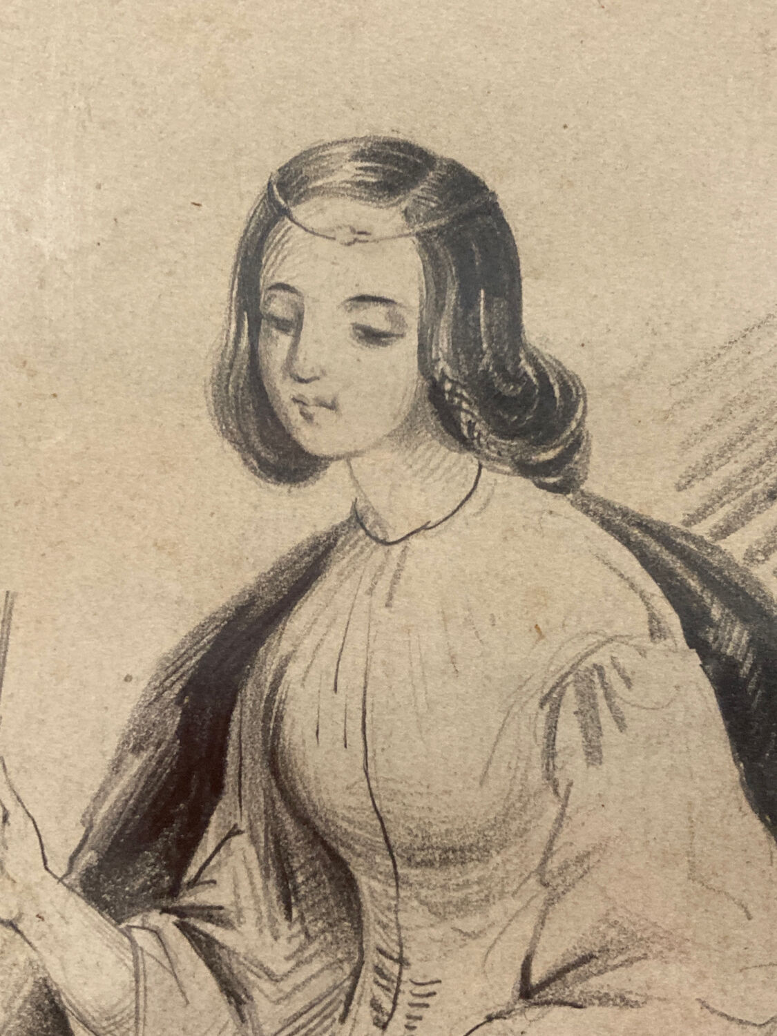 Portrait 19th young woman romantic marquetry frame