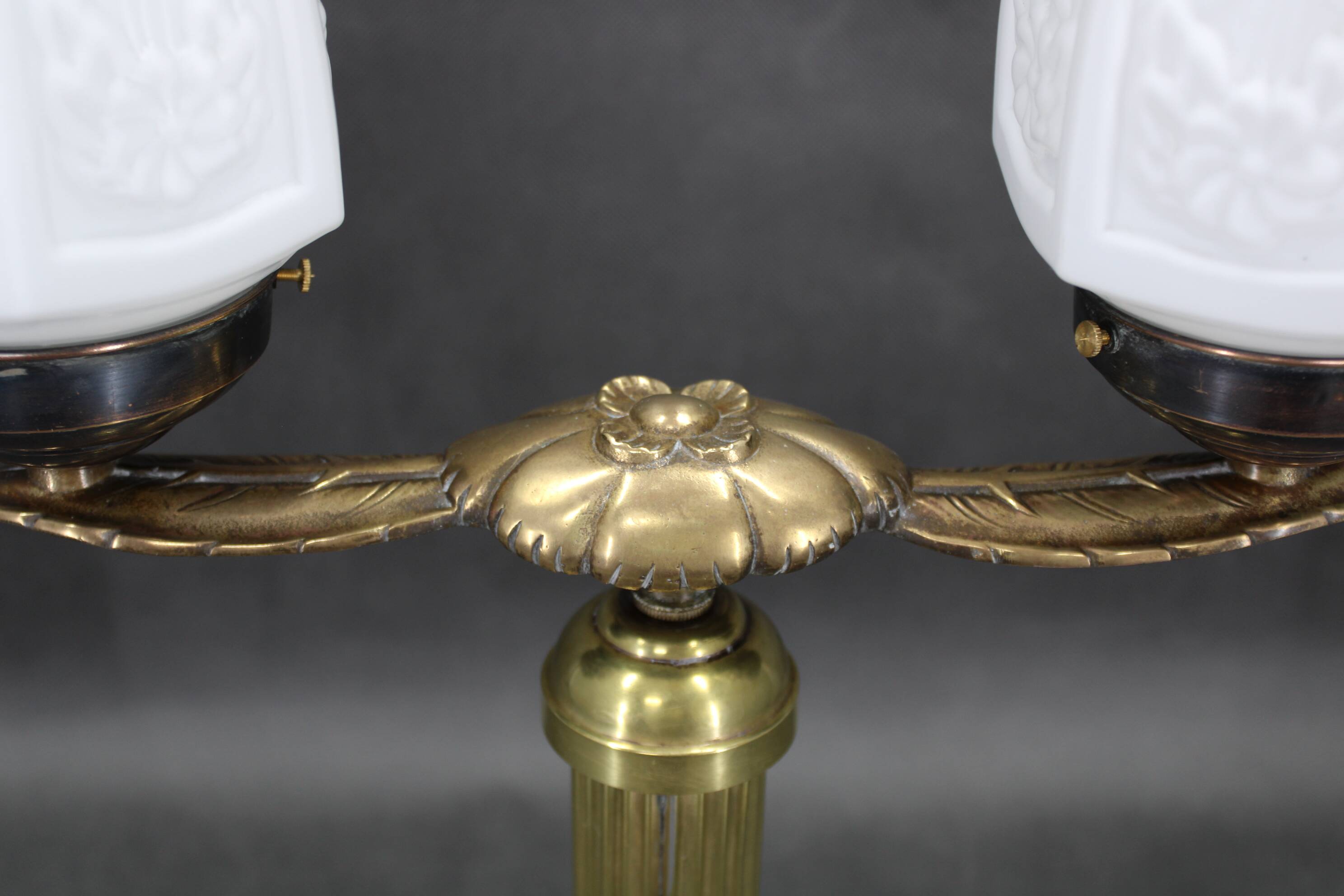 1930s Secession brass and glass dual desk lamp, Czechoslovakia