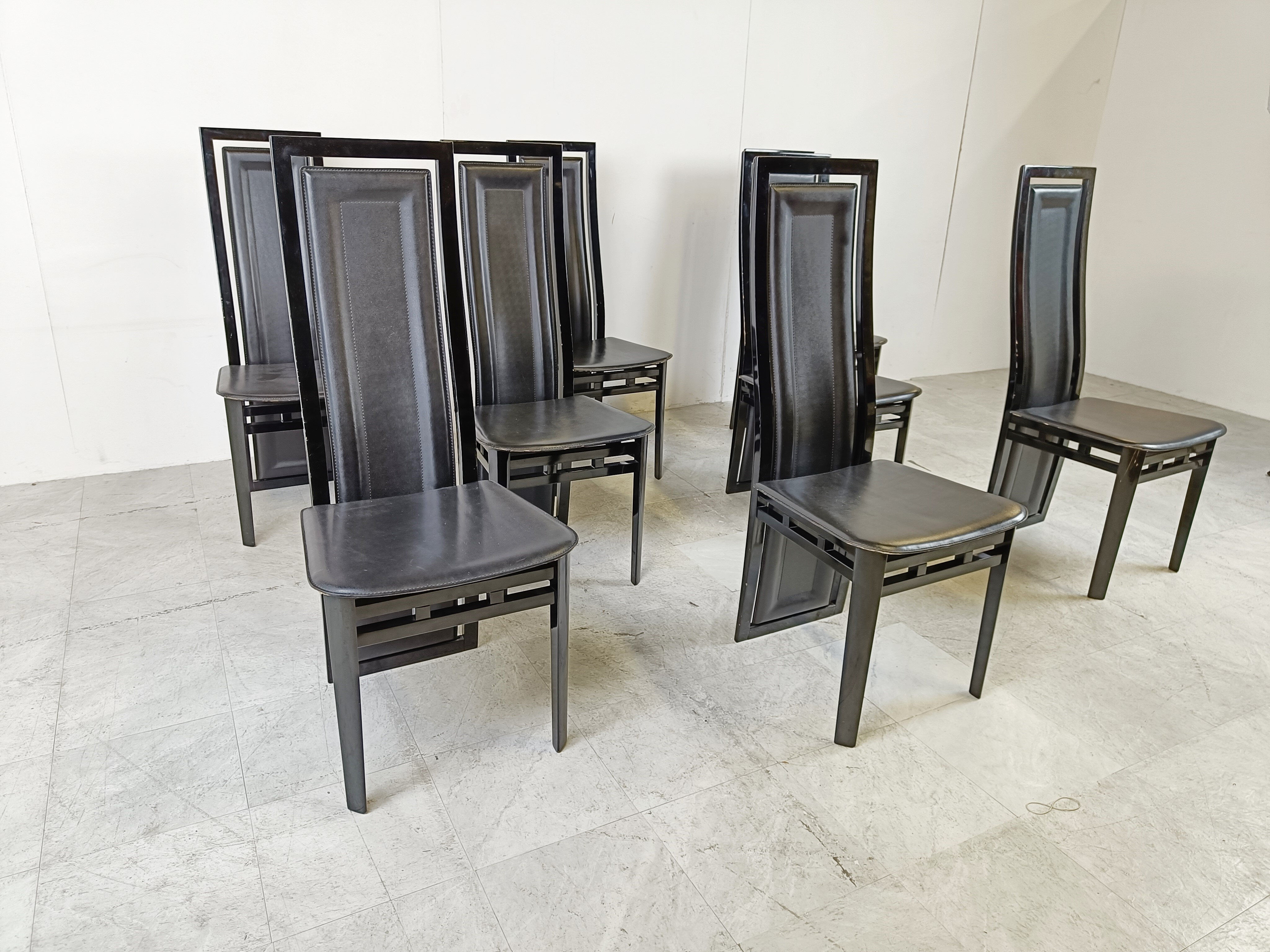 Set of eight Italian lacquered wood and leather modern dining chairs
