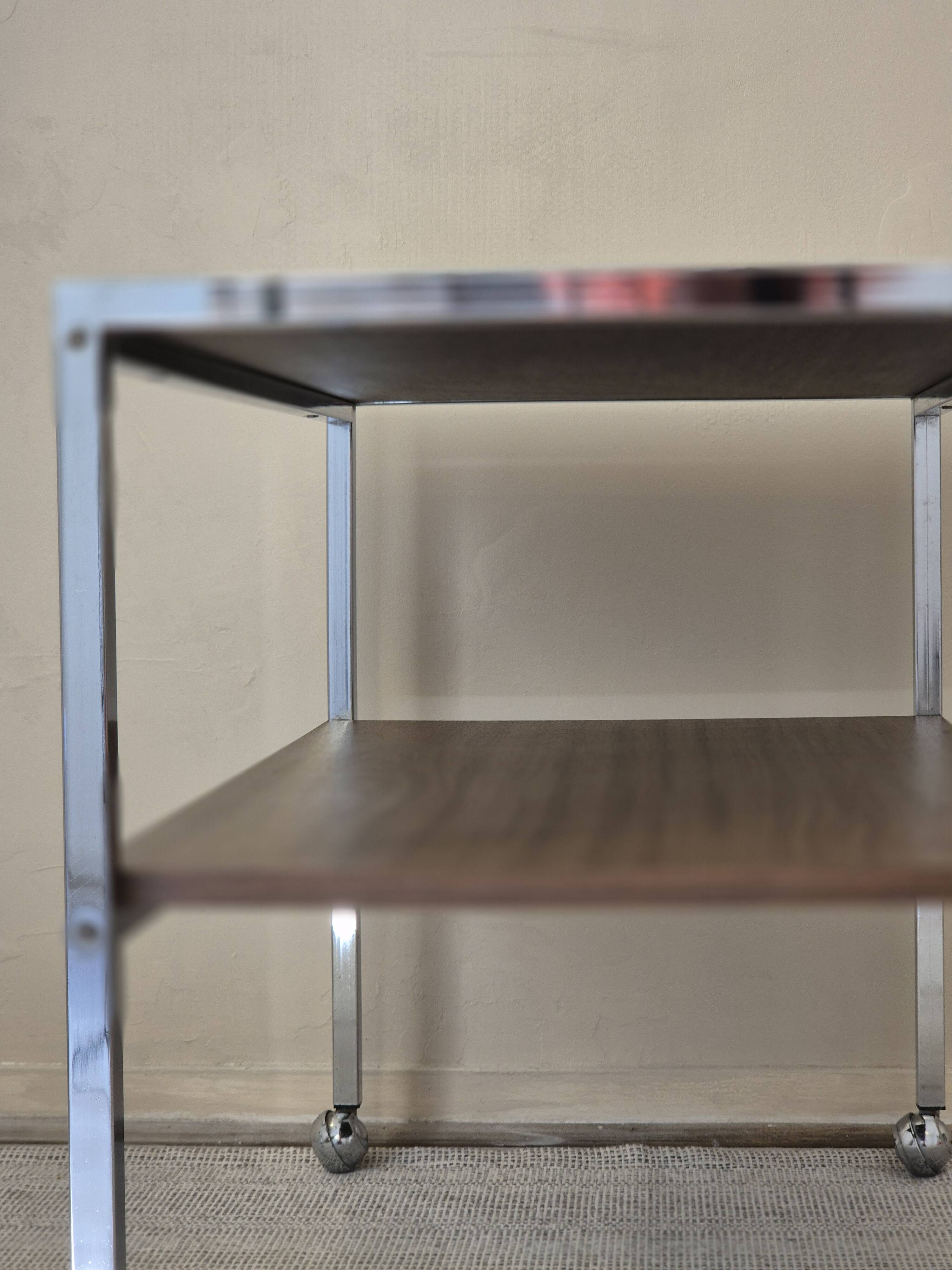 Vintage chrome metal and wood rolling dessert trolley from the 70s-80s.