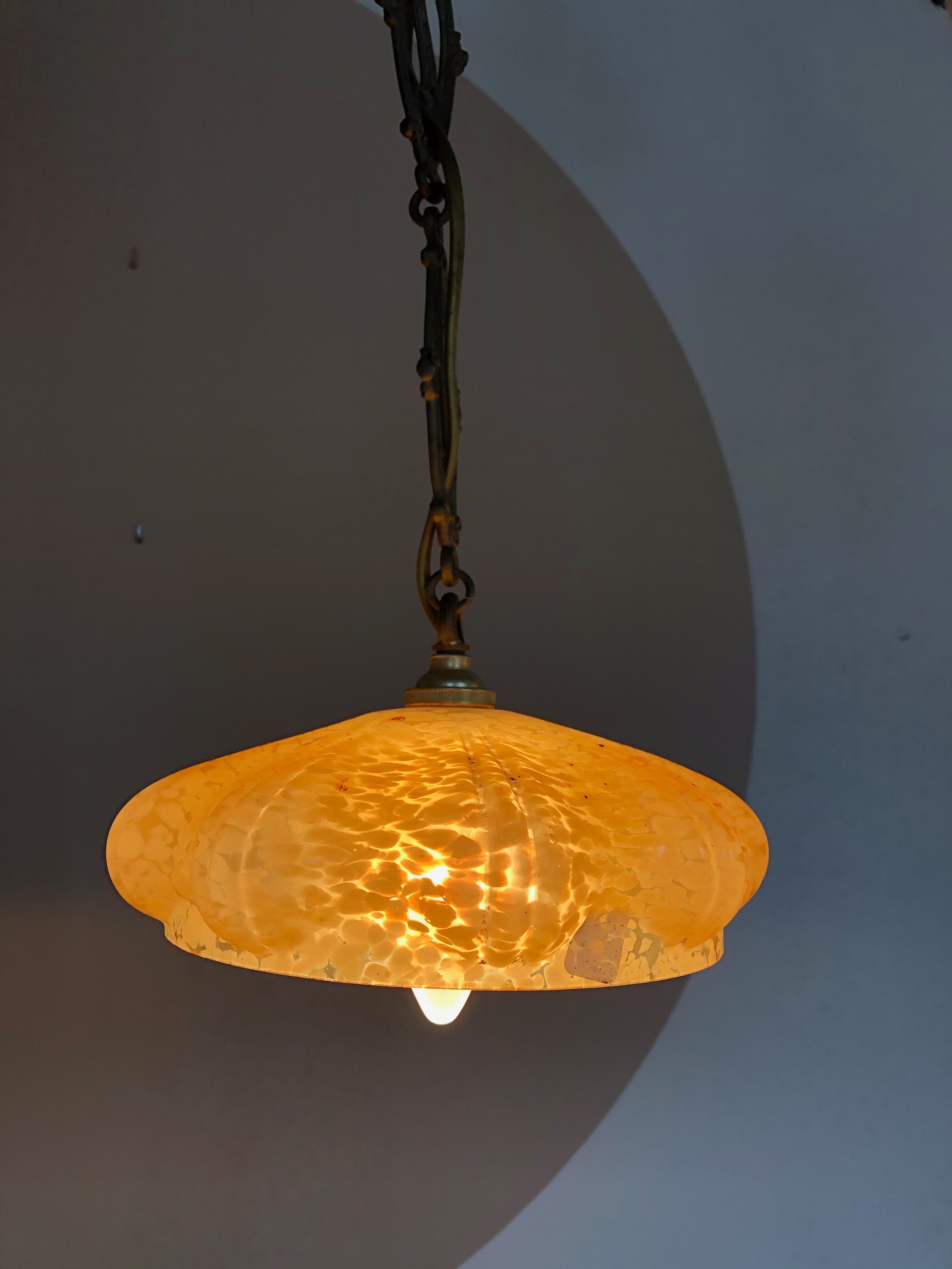 Orange ochre coloured antique glass hanging lamp