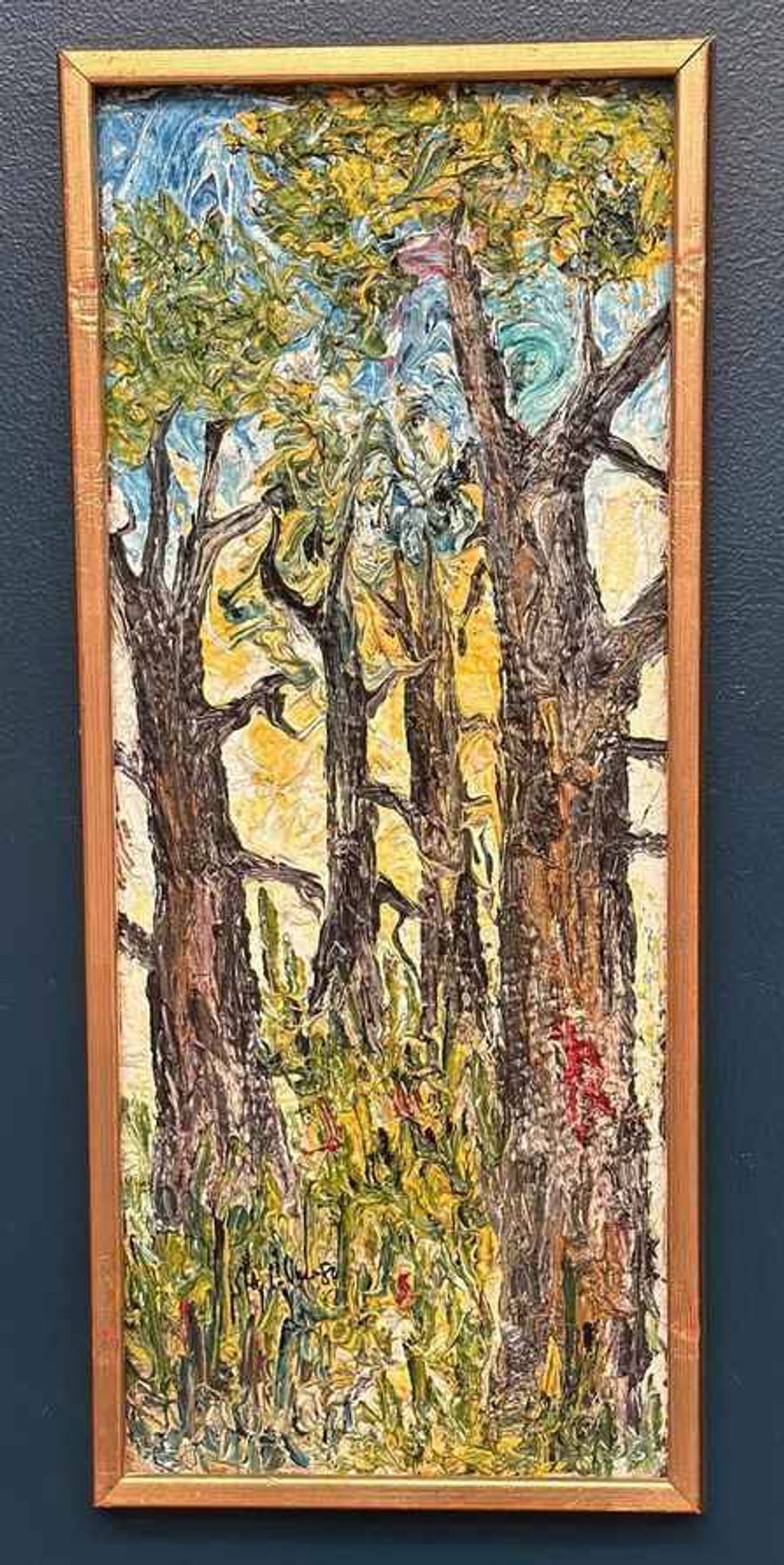 Original Mid Century Swedish Oil On Panel – “Forest” By Stig Allan – Vintage & Framed – 63 × 28 Cm (24.8" × 11")
