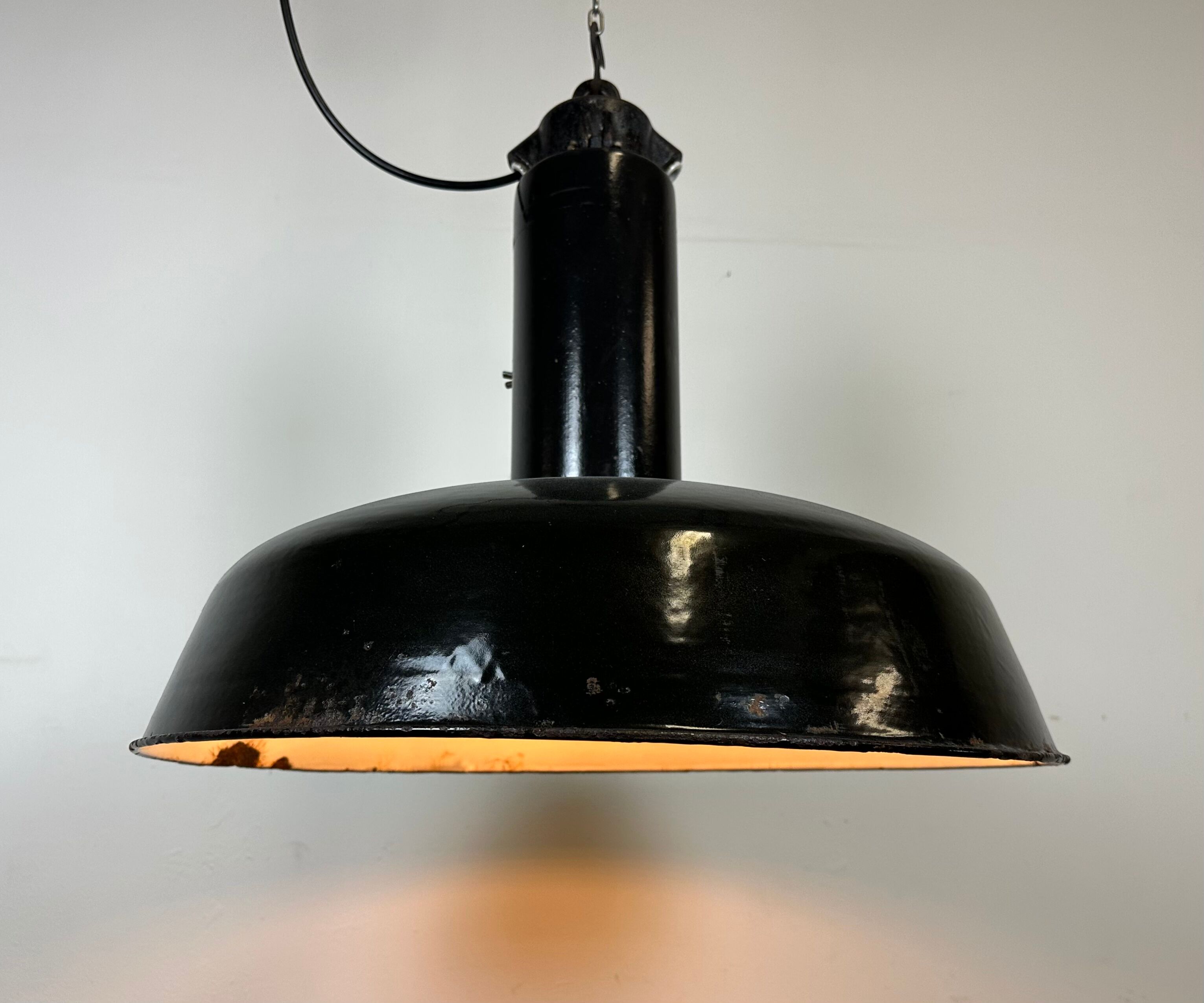 Industrial Black Enamel Factory Pendant Lamp with Iron Top, 1950s