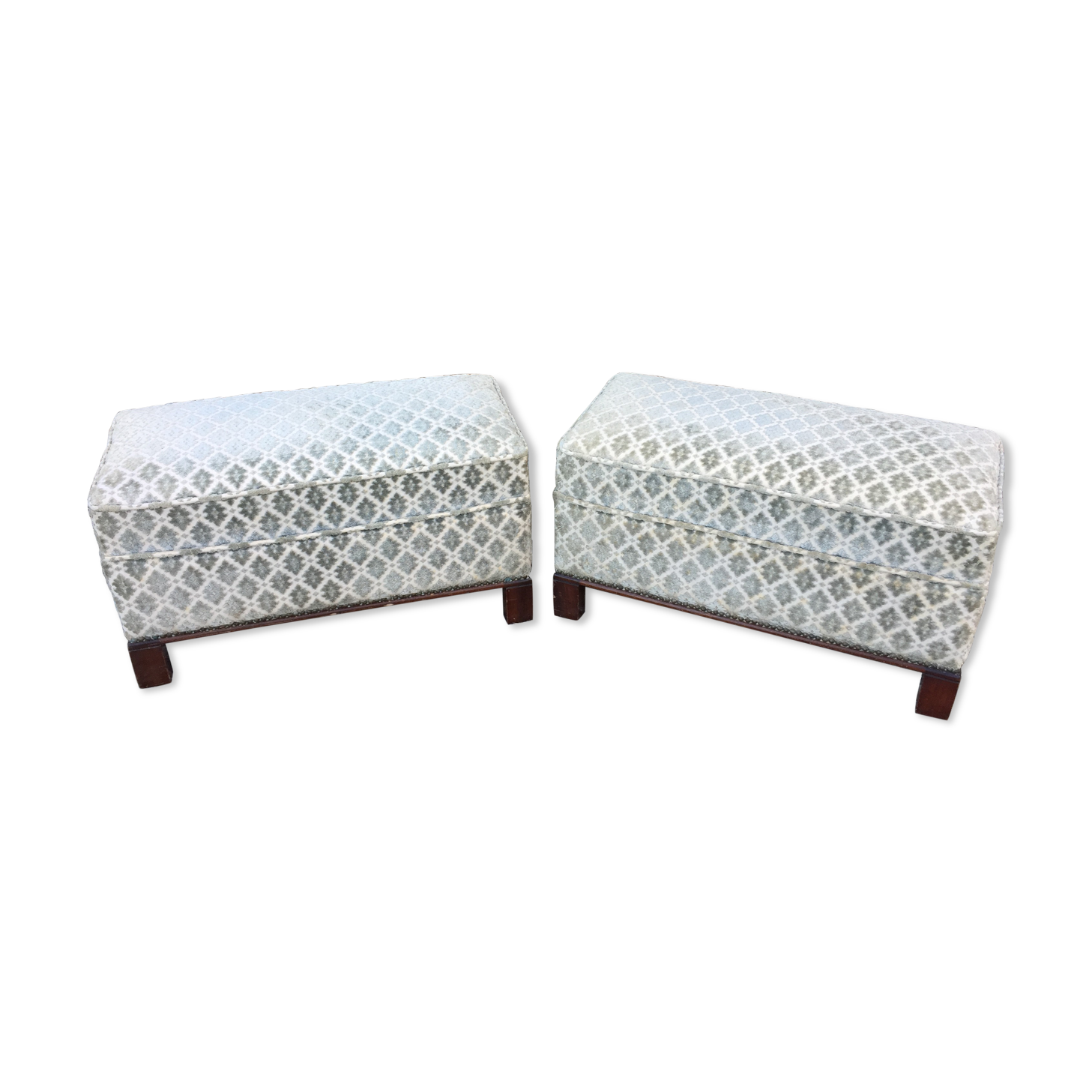 Duo of vintage velvet poufs and walnut base