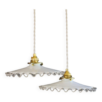 A set of 2 old opaline pendant lights - delivered with socket and new cable
