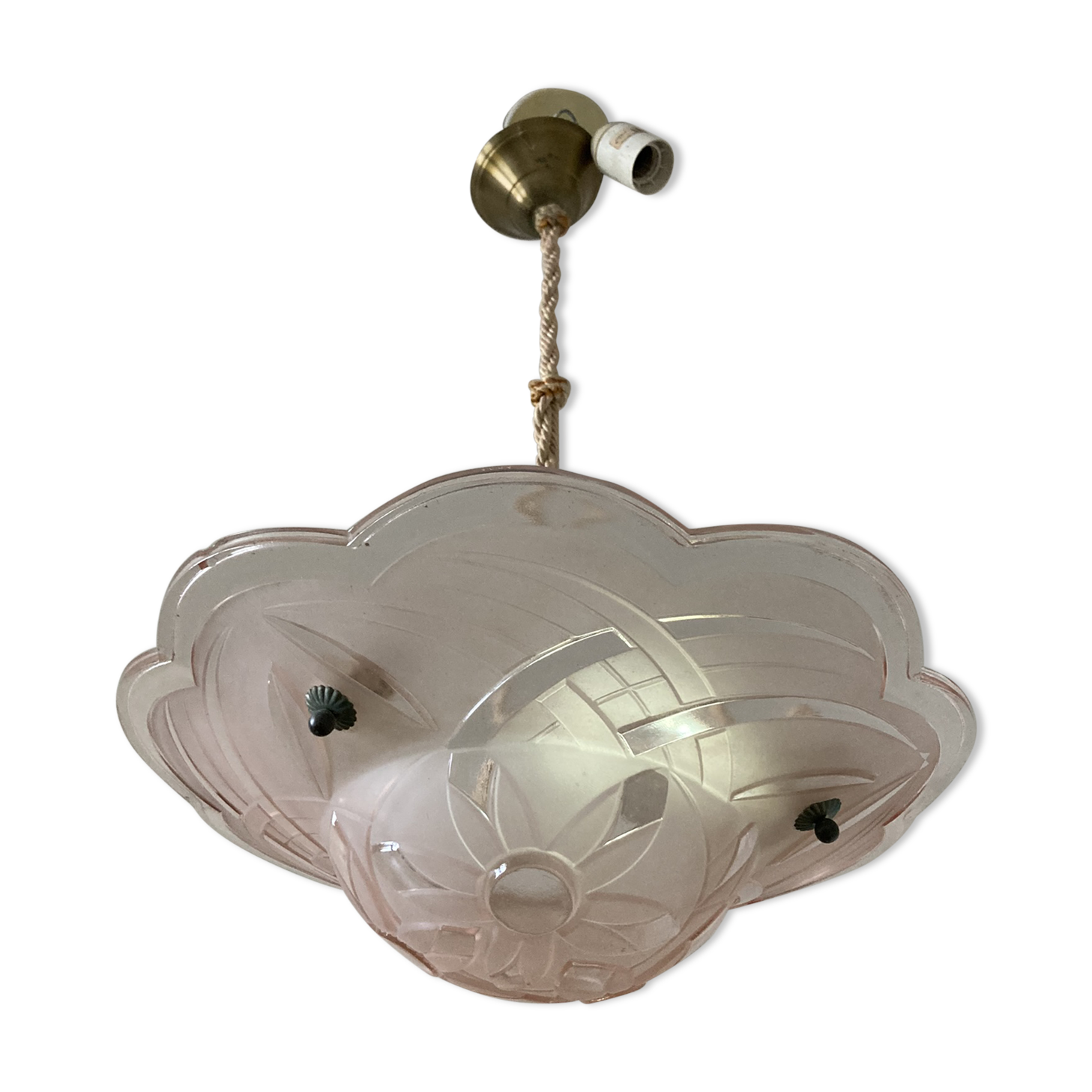 Art deco pink glass ceiling chandelier signed <Degue around 1930