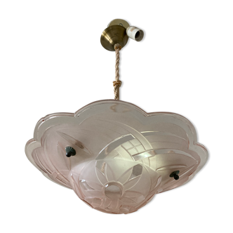 Lustre plafonnier en verre rose signé Degue vers 1930