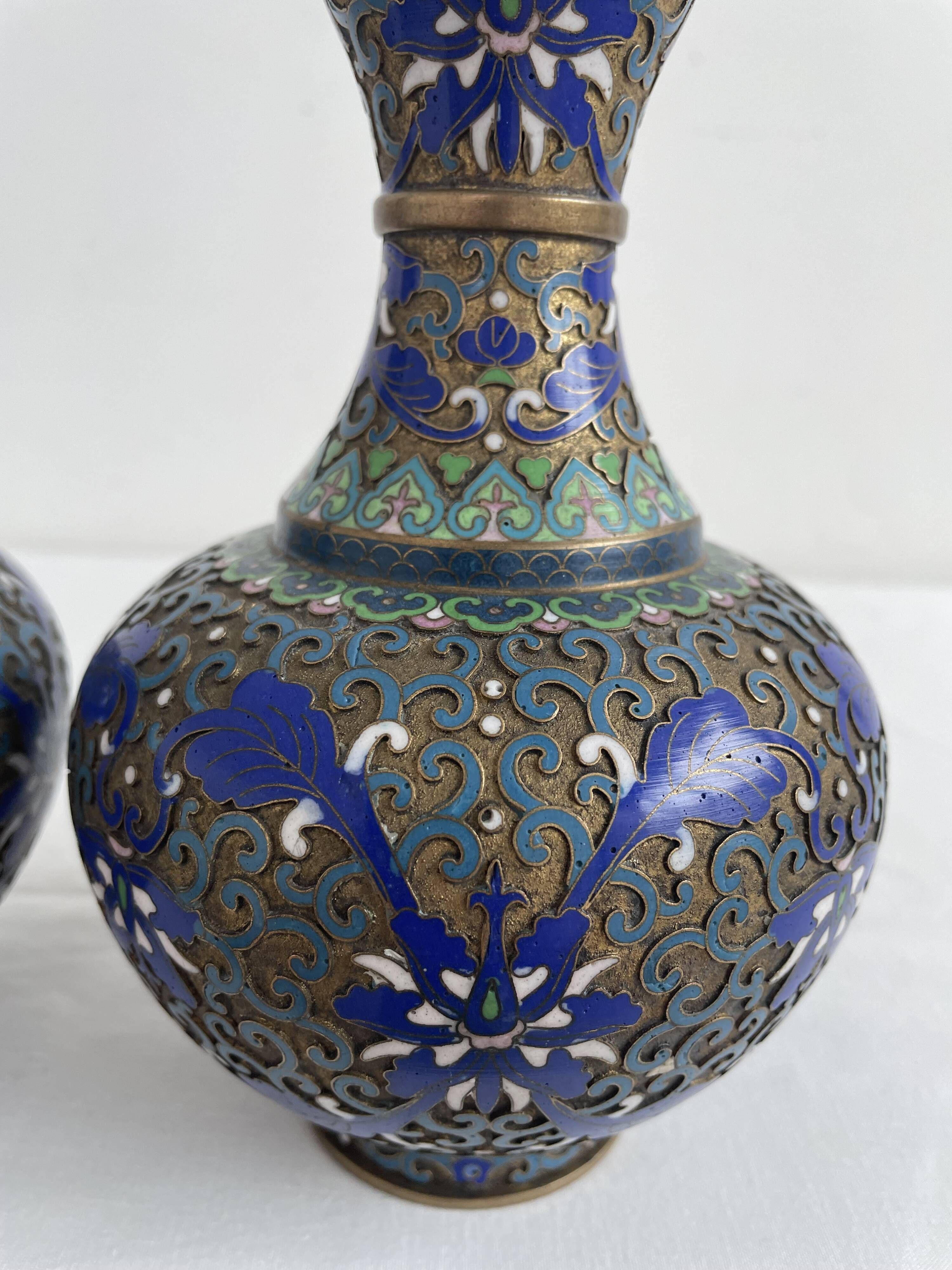 Vintage, pair of vases, Chinese, cloisonné metal, enameled, polychrome floral decor, golden hoop