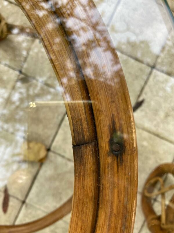 Paire de table basse ronde en rotin et verre vintage année 60’S