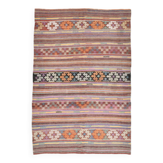Kilim Vintage à Motifs Berbères et Rayures Colorées – 100% Laine Artisanale
