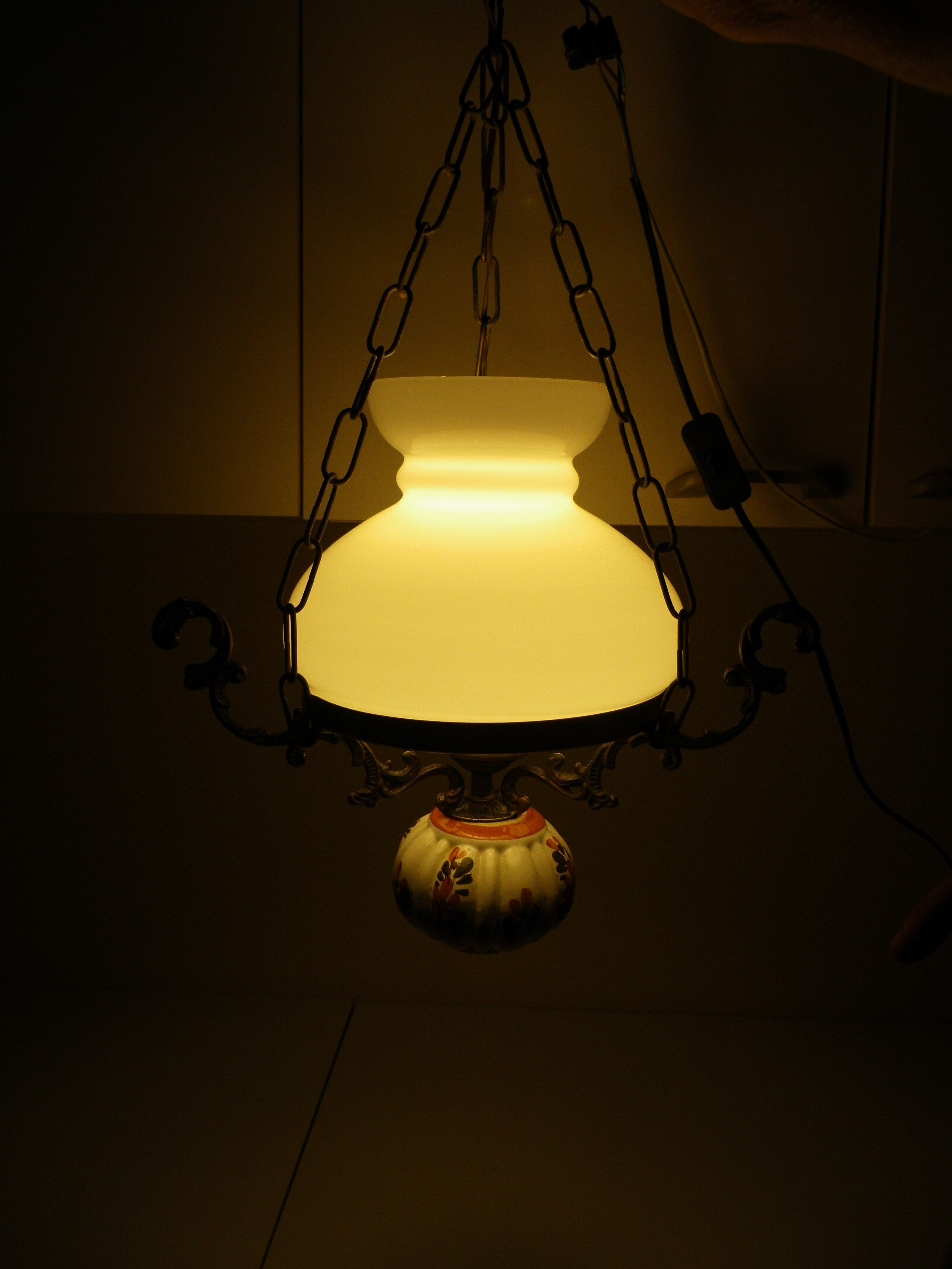 Hanging lamp of the 1950s, white opaline shade and porcelain decoration