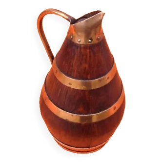 1940s Cider barrel pitcher Oak wood encircled with riveted copper