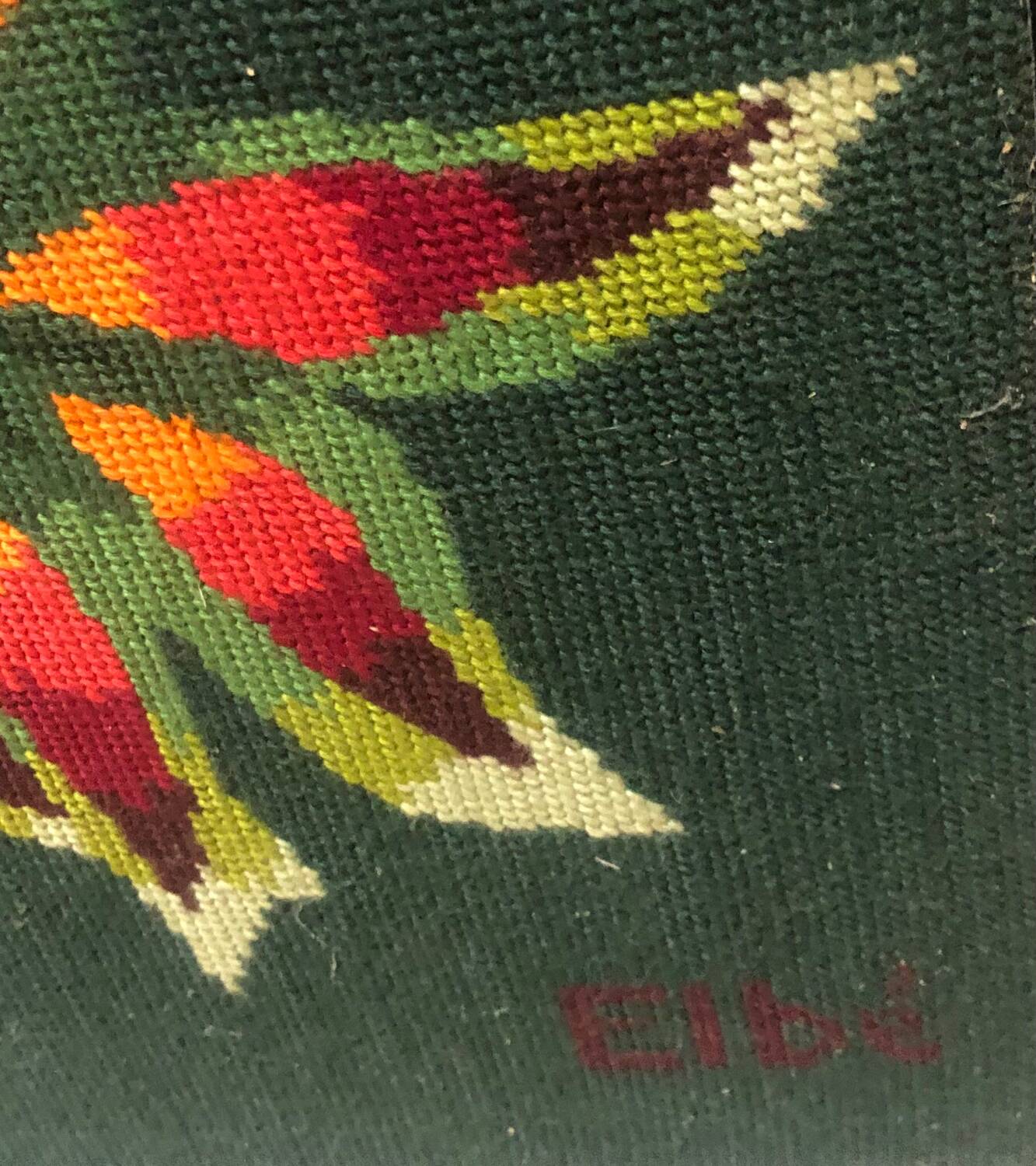 Large vintage tapestry signed elbe, peacock or phoenix 1970