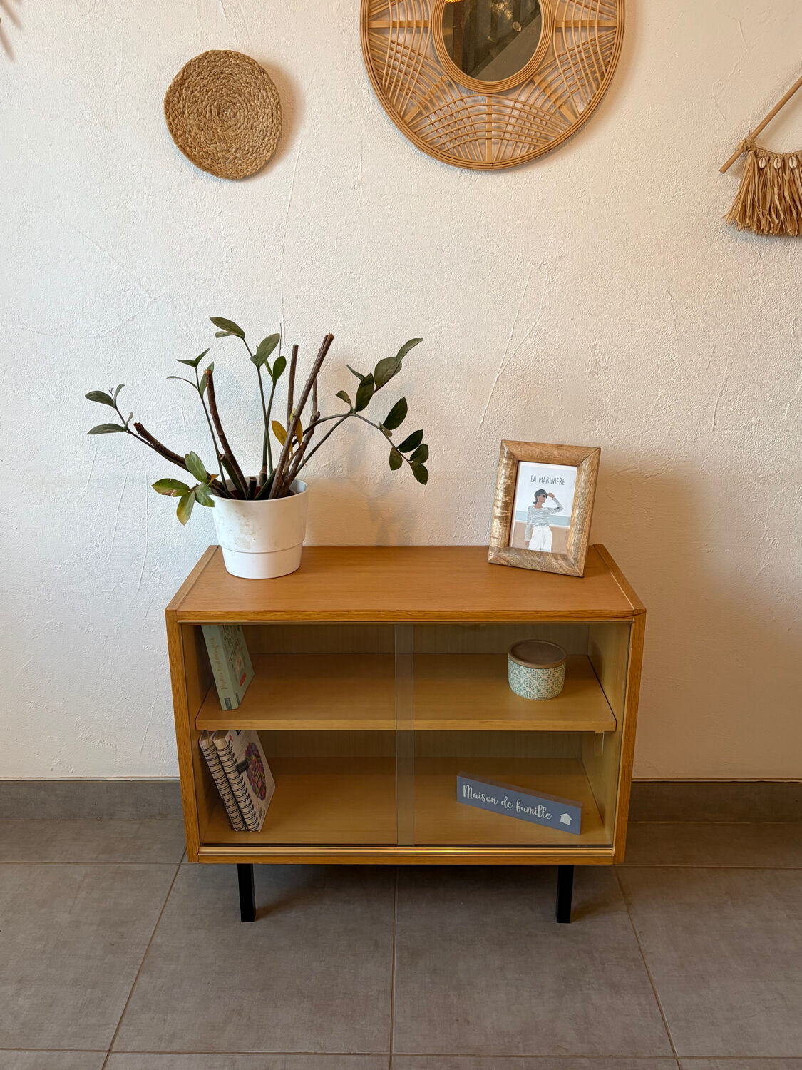 Vintage oak display cabinet from the 1960s.