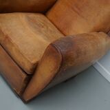 Paire de fauteuils club vintage en cuir cognac français, lot de 2