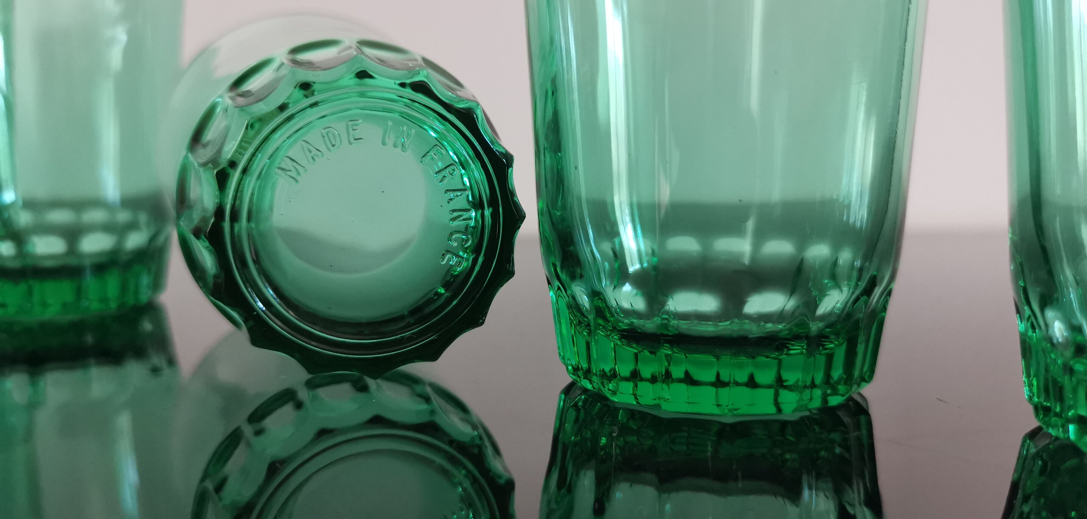 6 old emerald green water glasses