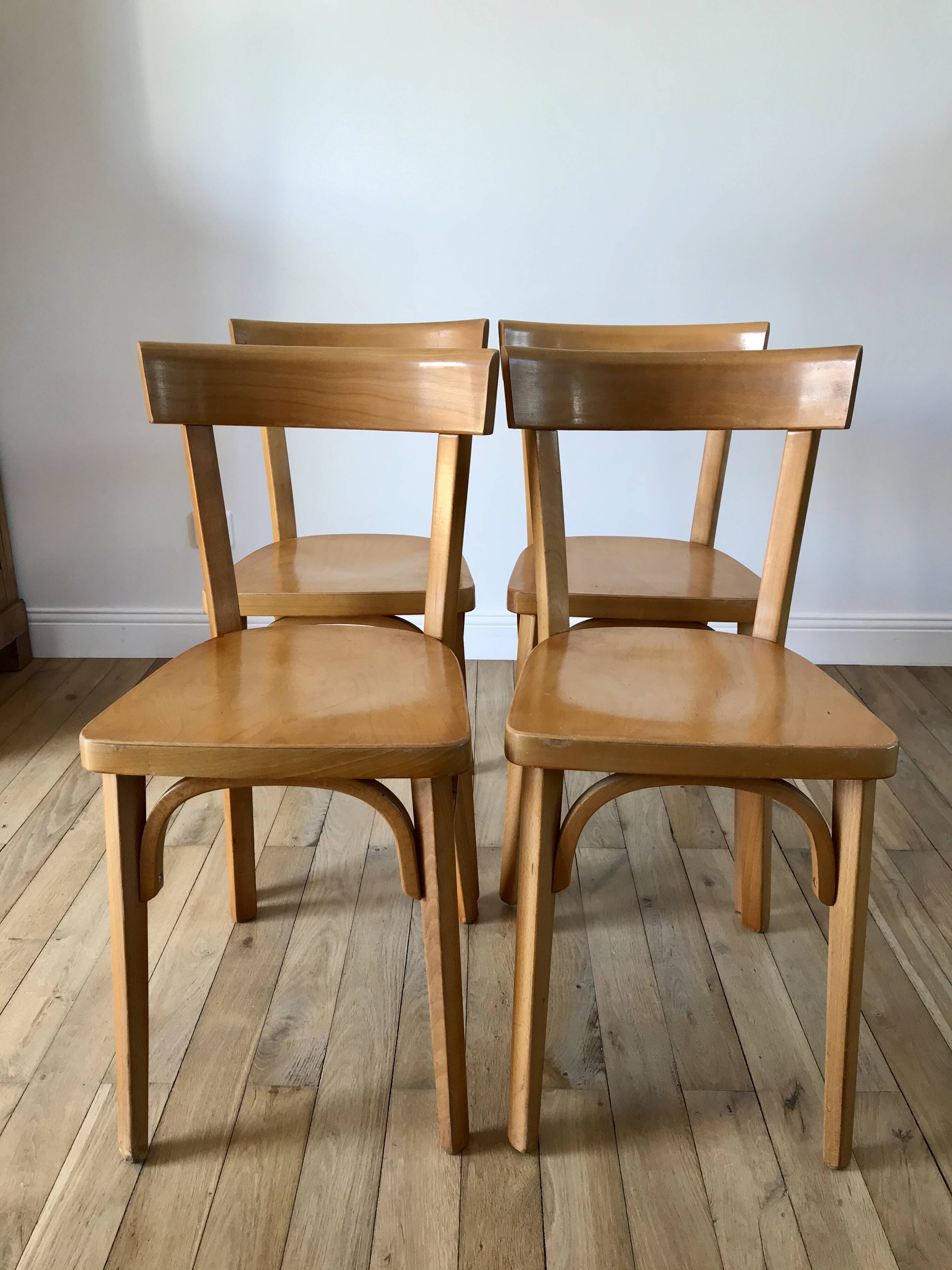 Set of 4 baumann bistro chairs in blond wood / honey stamped 40-50 years