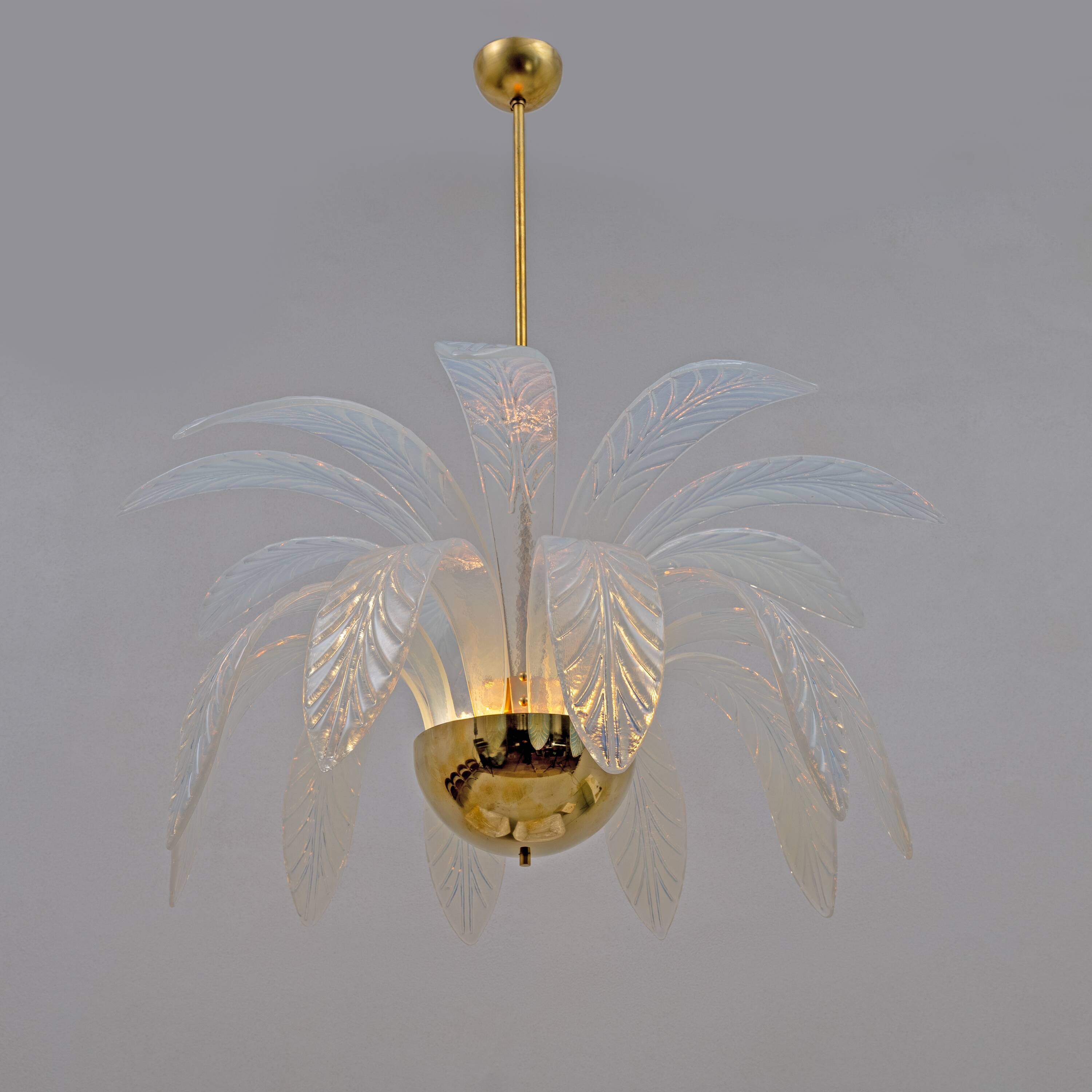 Iridescent Murano Glass and Brass Palm Leaves Chandelier