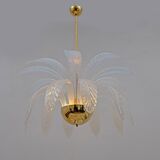 Iridescent Murano Glass and Brass Palm Leaves Chandelier