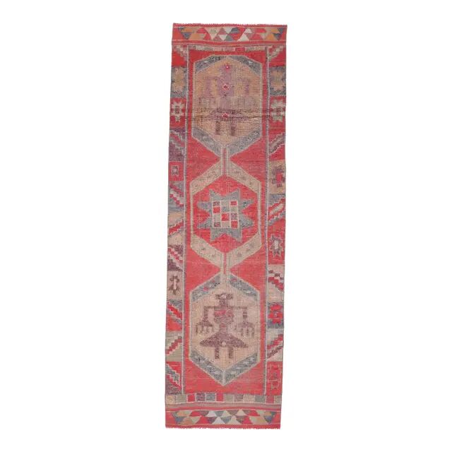 1970s Turkish Oushak Handmade Wool Cotton Red Runner Rug 86x344