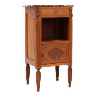 Table de chevet Art Déco française en chêne avec plateau en marbre, années 1930