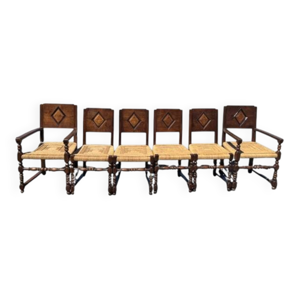 Lot 6 chaises rustiques paillées — 2 fauteuils + 4 chaises — style Louis 13