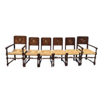Lot 6 chaises rustiques paillées — 2 fauteuils + 4 chaises — style Louis 13