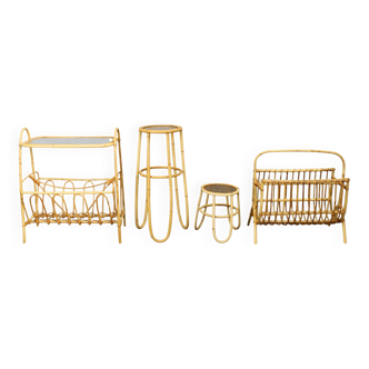 Mid-century European rattan accessories set with tables and magazine racks, 1960s