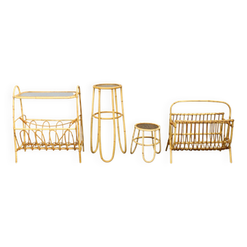 Mid-century European rattan accessories set with tables and magazine racks, 1960s
