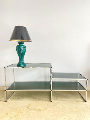 Table console en métal chromé et verre fumé Italie années 70